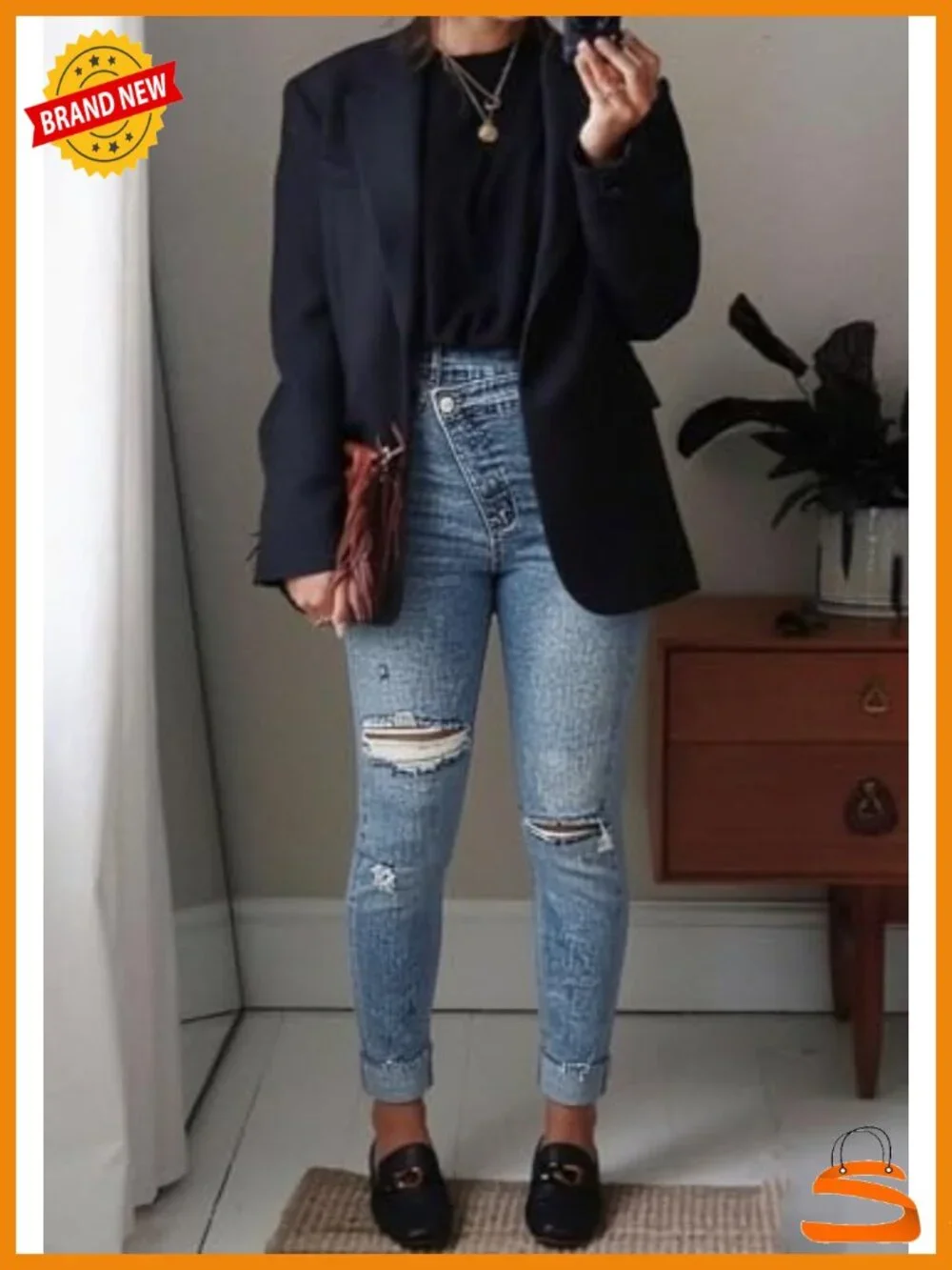 Cuffed Ripped Skinny Stretchy Denim Jeans Y2K Distressed
